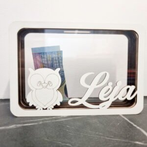 Medinė taupyklė Pelėda su vardu