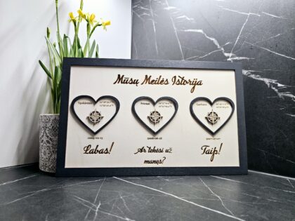 Medinė personalizuota dekoracija vestuvių ar sukaktuvių proga su širdelėmis ir datomis